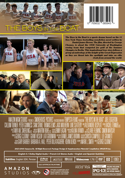 DVD cover of The Boys in the Boat drama movie featuring Joel Edgerton and Callum Turner, from FilmClassicsOnDVD.