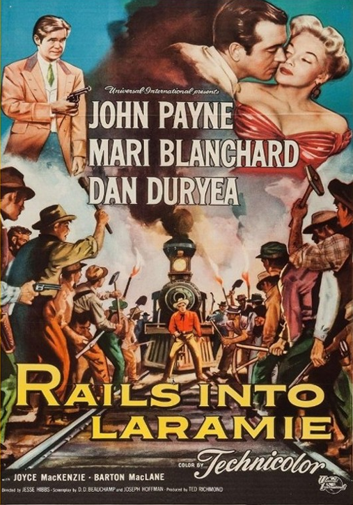 DVD cover of Rails Into Laramie drama featuring John Payne and Mari Blanchard, from FilmClassicsOnDVD.