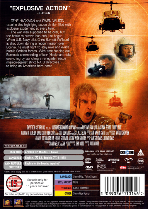 Screenshot from Behind Enemy Lines DVD featuring Gene Hackman and Owen Wilson in an action movie scene.