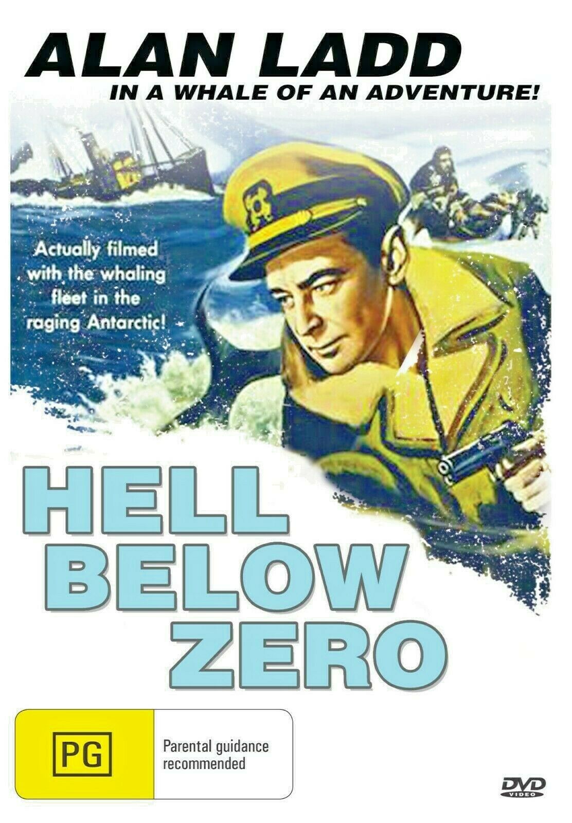 DVD cover for "Hell Below Zero" (1954) featuring Alan Ladd and Joan Tetzel, showing the film's poster with actors' images.