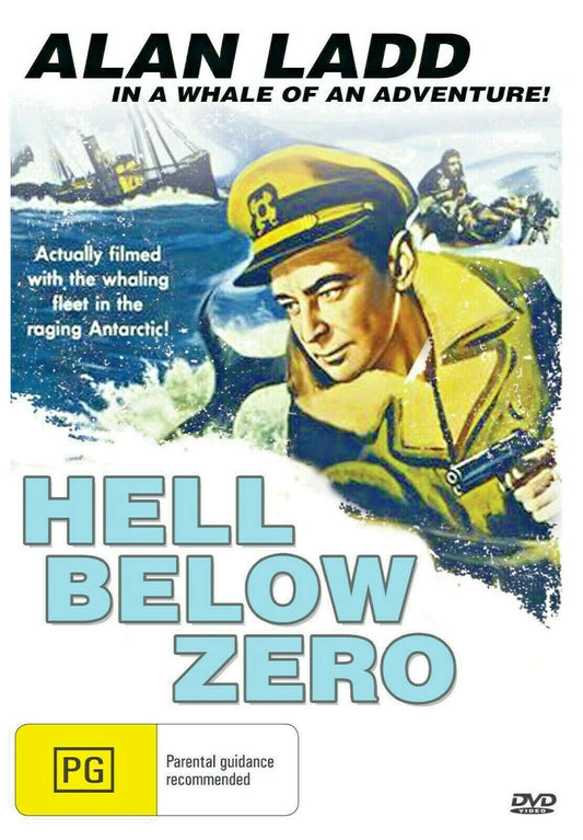 DVD cover for "Hell Below Zero" (1954) featuring Alan Ladd and Joan Tetzel, showing the film's poster with actors' images.