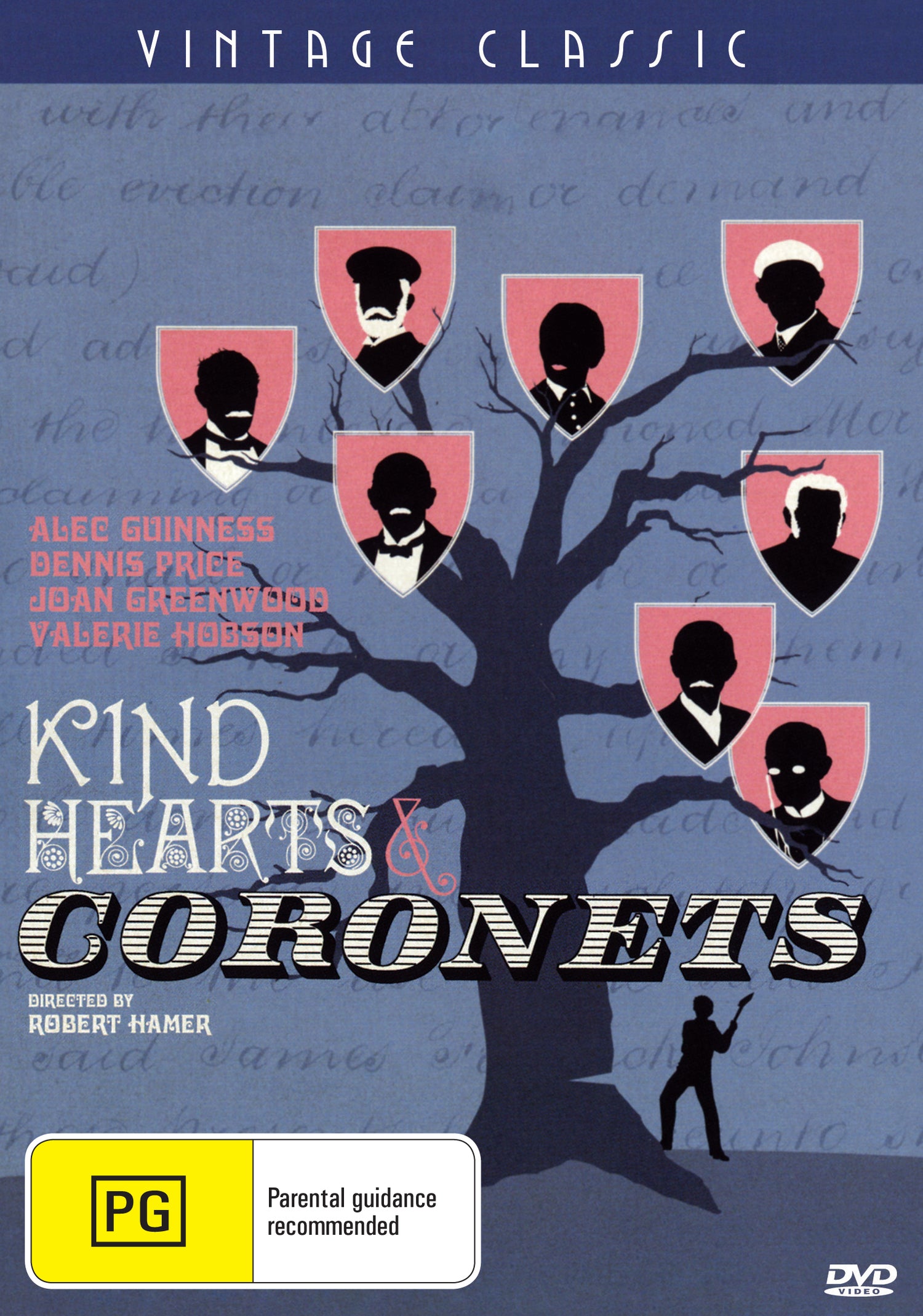 DVD cover of "Kind Hearts and Coronets" (1949) featuring Dennis Price and Alec Guinness, classic British black comedy film.