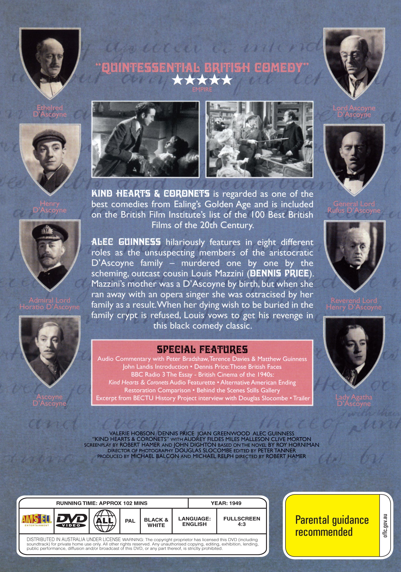DVD cover for "Kind Hearts and Coronets" (1949) featuring Dennis Price and Alec Guinness, from rareandcollectibledvds.