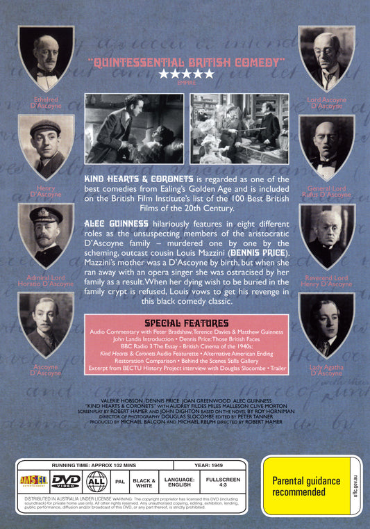 DVD cover for "Kind Hearts and Coronets" (1949) featuring Dennis Price and Alec Guinness, from rareandcollectibledvds.