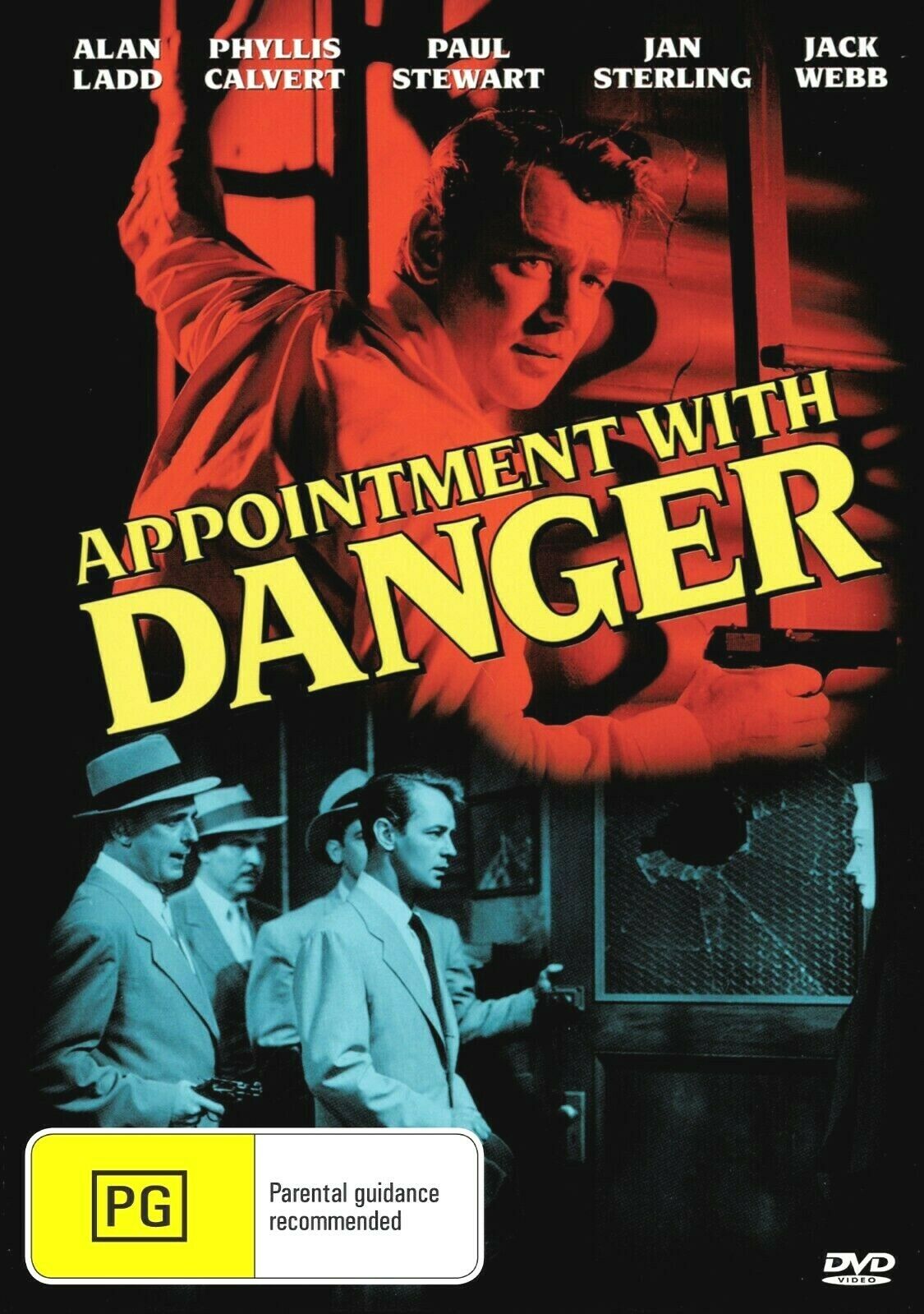 DVD cover of "Appointment with Danger" featuring Alan Ladd and Phyllis Calvert, with the movie title and actor names visible.