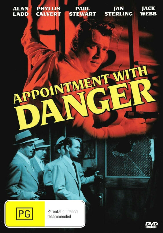 DVD cover of "Appointment with Danger" featuring Alan Ladd and Phyllis Calvert, with the movie title and actor names visible.