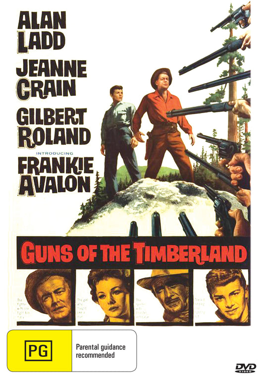 DVD cover for Guns of the Timberland (1960) featuring Alan Ladd and Jeanne Crain, with western-themed artwork and title text.