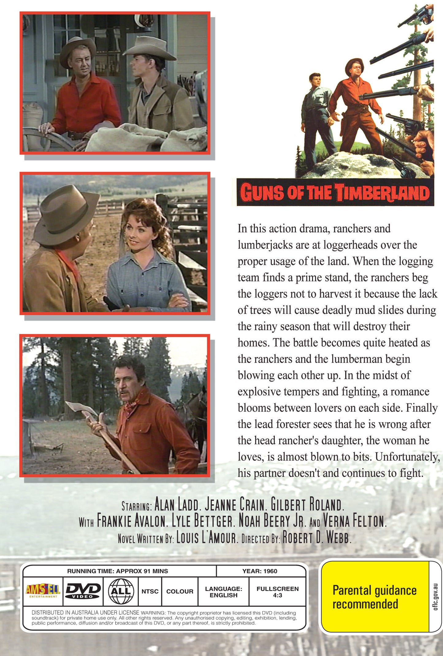 DVD cover for "Guns of the Timberland" (1960) starring Alan Ladd and Jeanne Crain, featuring vintage Western movie artwork.