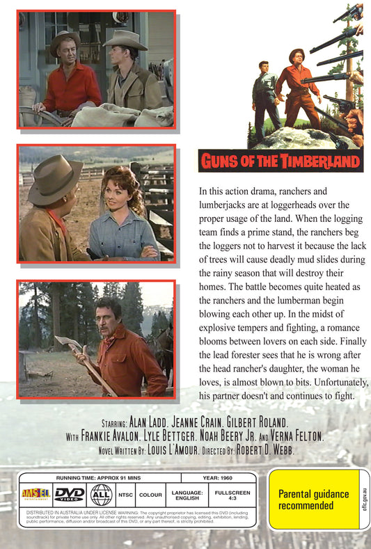 DVD cover for "Guns of the Timberland" (1960) starring Alan Ladd and Jeanne Crain, featuring vintage Western movie artwork.