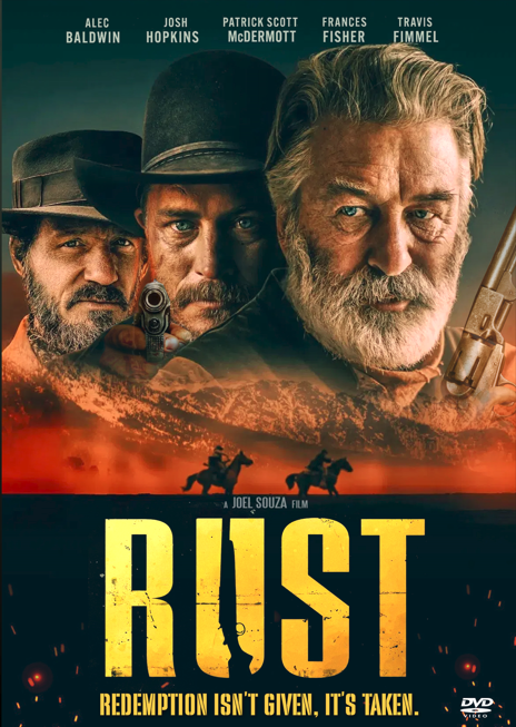 Western DVD titled "Rust" featuring Alec Baldwin and Josh Hopkins, with artwork showing the movie poster and key cast images.