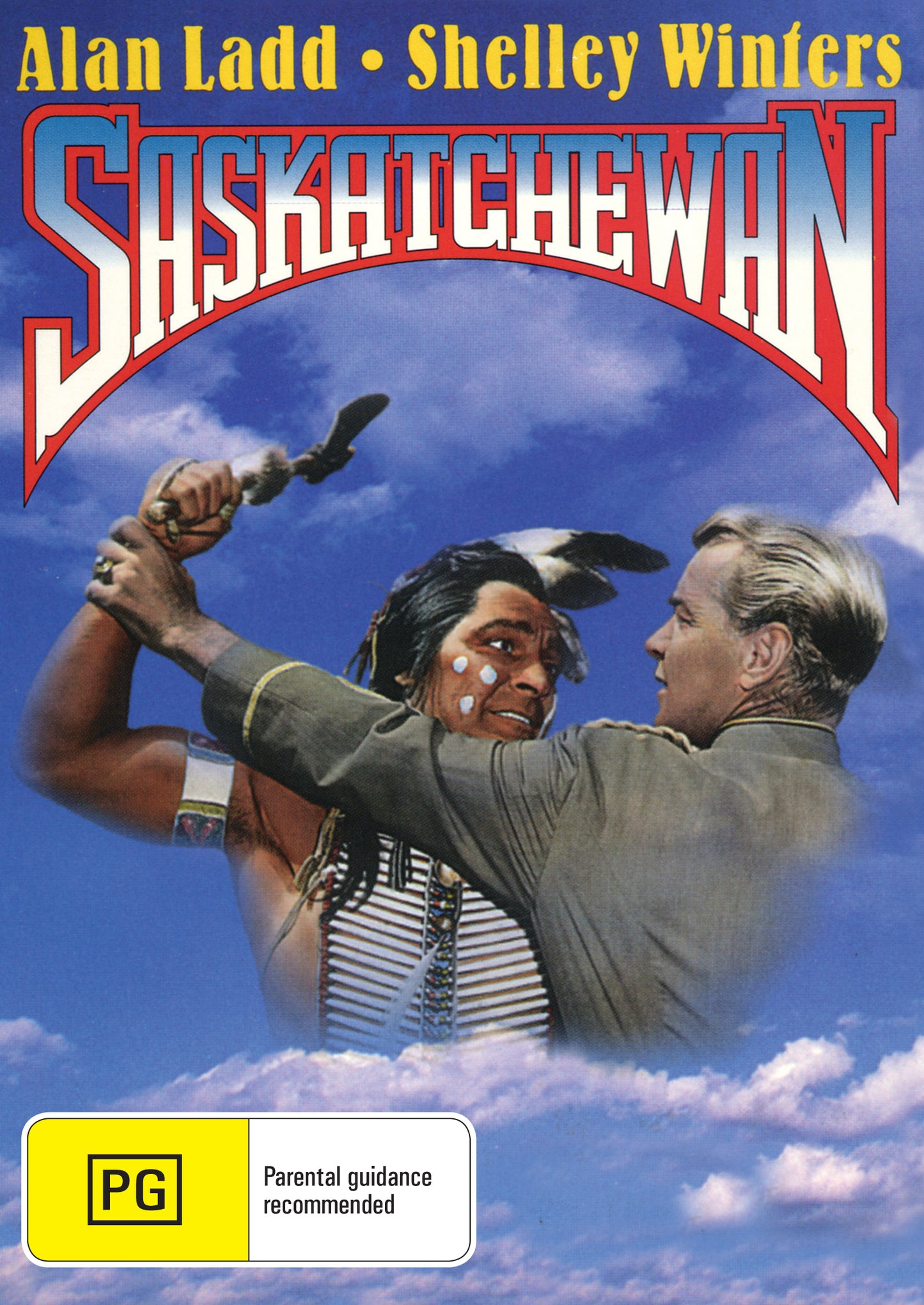 DVD of Saskatchewan (1954) featuring Alan Ladd and Shelley Winters, with a cover image showing the film's promotional artwork.