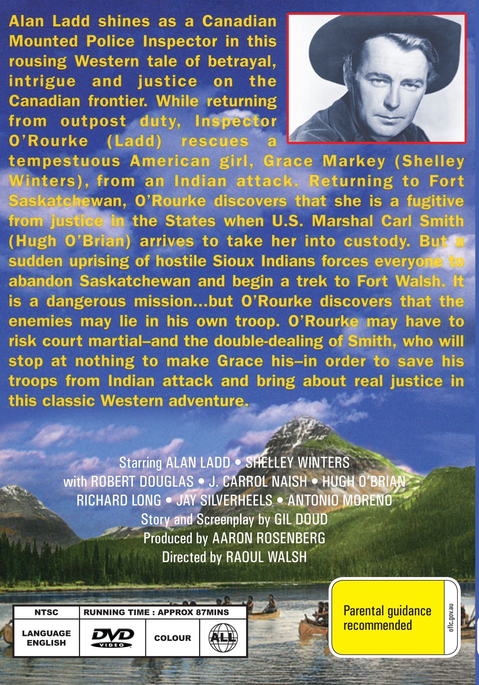 Saskatchewan 1954 DVD featuring Alan Ladd and Shelley Winters, historical Western film in a collectible case.