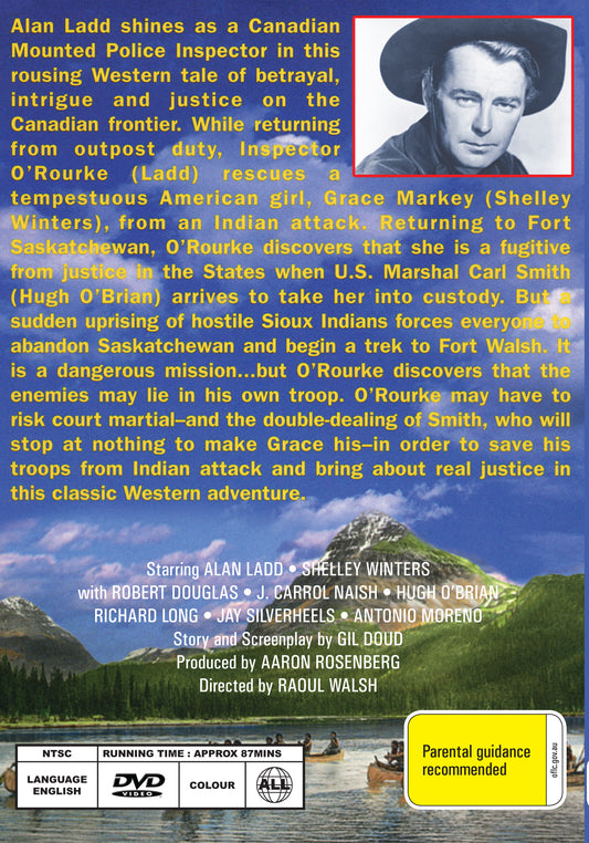 Saskatchewan 1954 DVD featuring Alan Ladd and Shelley Winters, historical Western film in a collectible case.