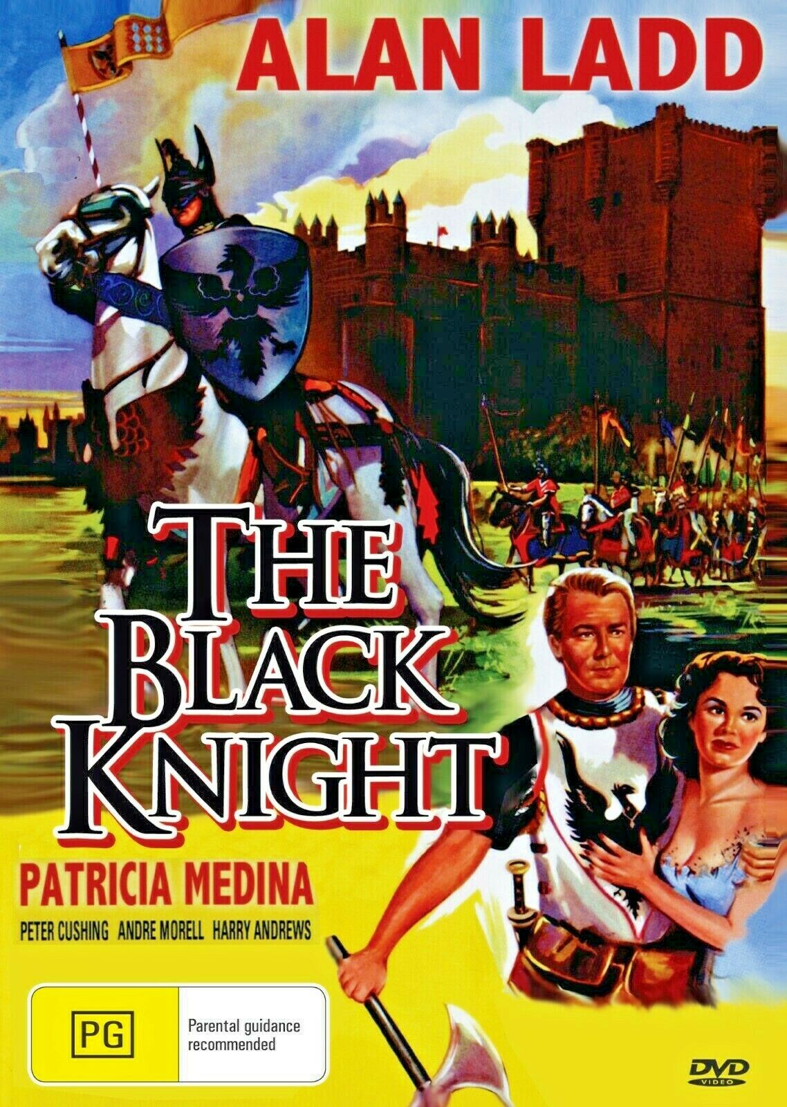 DVD of The Black Knight (1954) starring Alan Ladd and Patricia Medina, featuring classic adventure scenes.