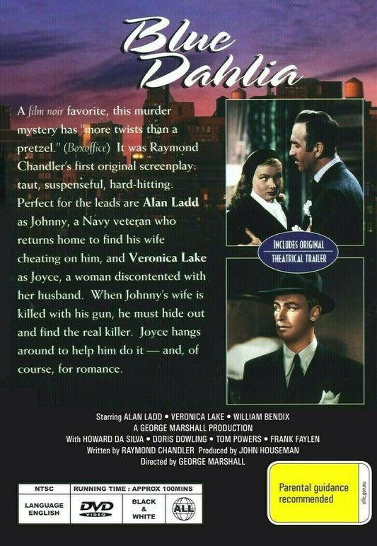 The Blue Dahlia DVD featuring Alan Ladd and Veronica Lake, vintage crime film, with cover art showcasing the main actors.