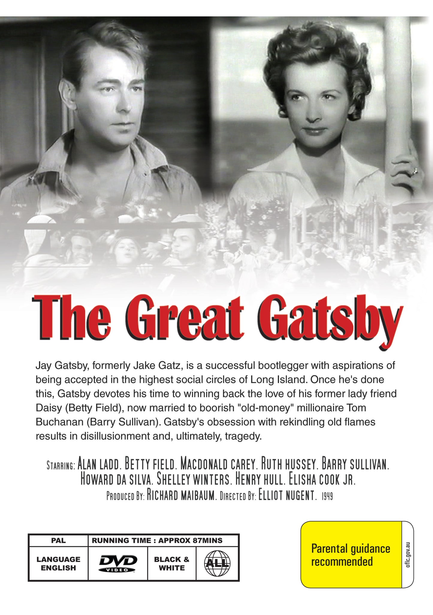 DVD of The Great Gatsby (1949) featuring Alan Ladd and Betty Field, with cover art showing the classic movie scene.