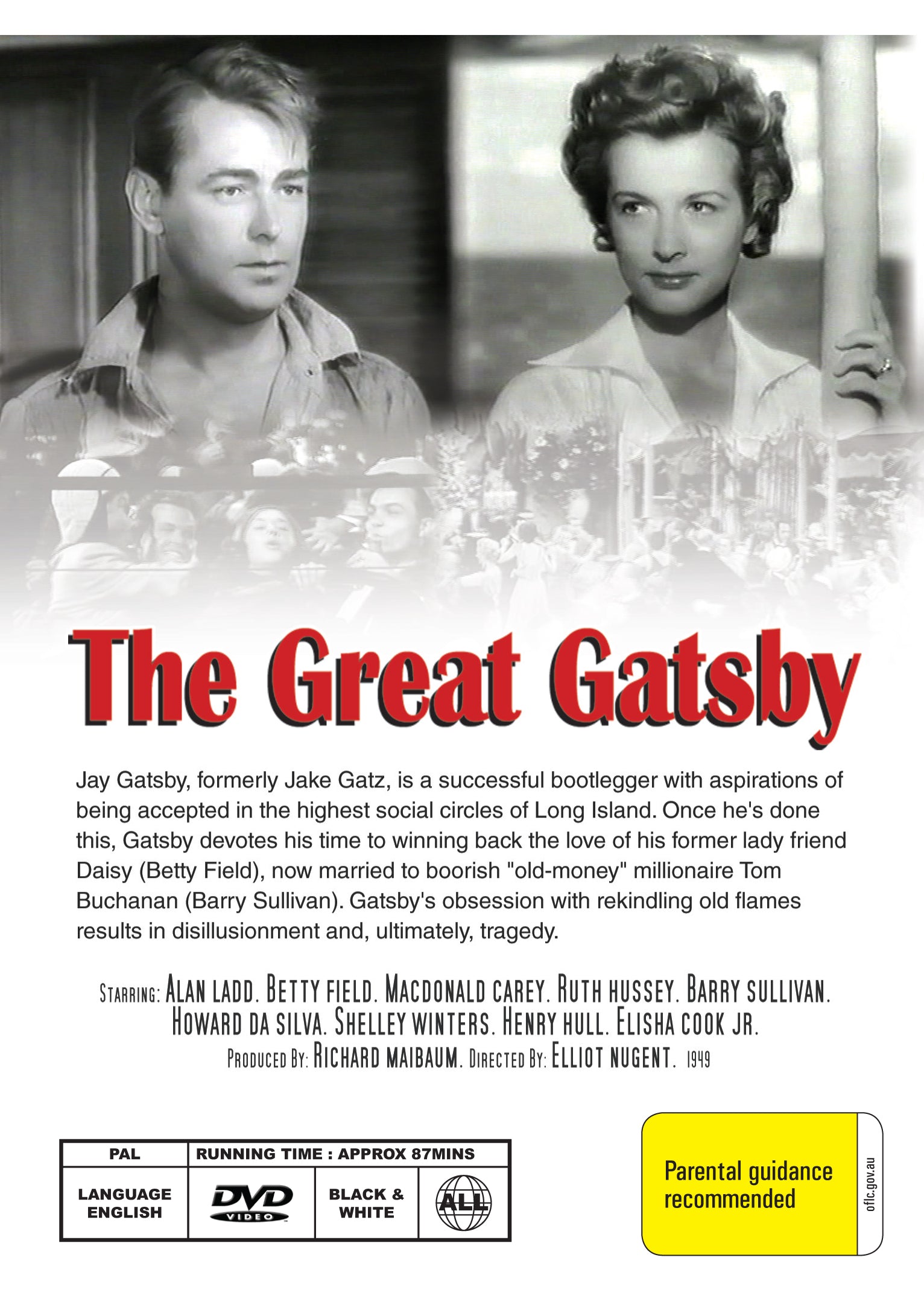 DVD of The Great Gatsby (1949) featuring Alan Ladd and Betty Field, with cover art showing the classic movie scene.