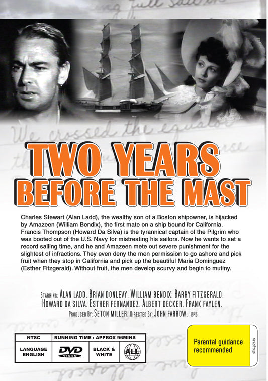 DVD cover image of "Two Years Before the Mast" (1946) starring Alan Ladd and Brian Donlevy, from Rare and Collectible DVDs.
