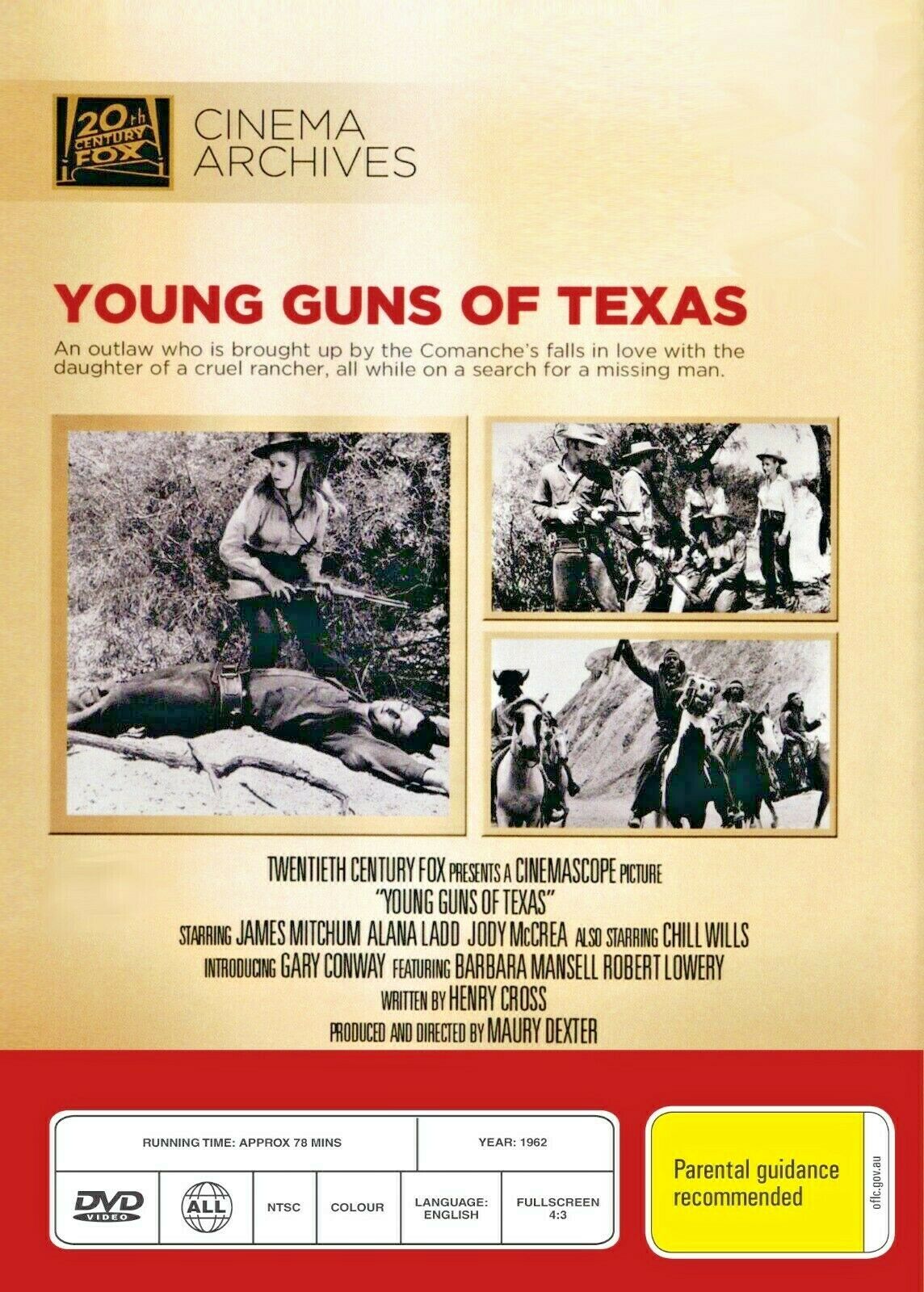 DVD cover of Young Guns of Texas (1962) featuring James Mitchum and Alana Ladd, Western film, with vintage Western artwork.
