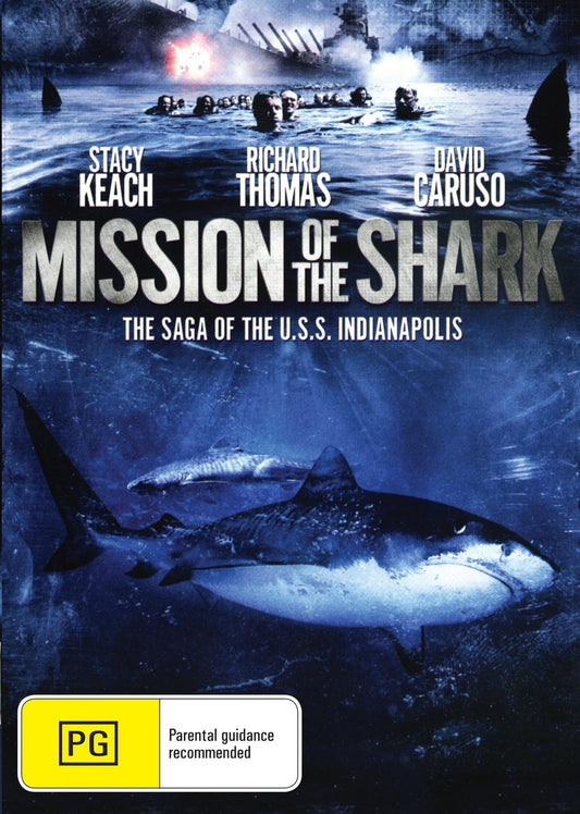 DVD cover of Mission of the Shark: The Saga of the U.S.S. Indianapolis featuring Stacy Keach and Richard Thomas, action film.