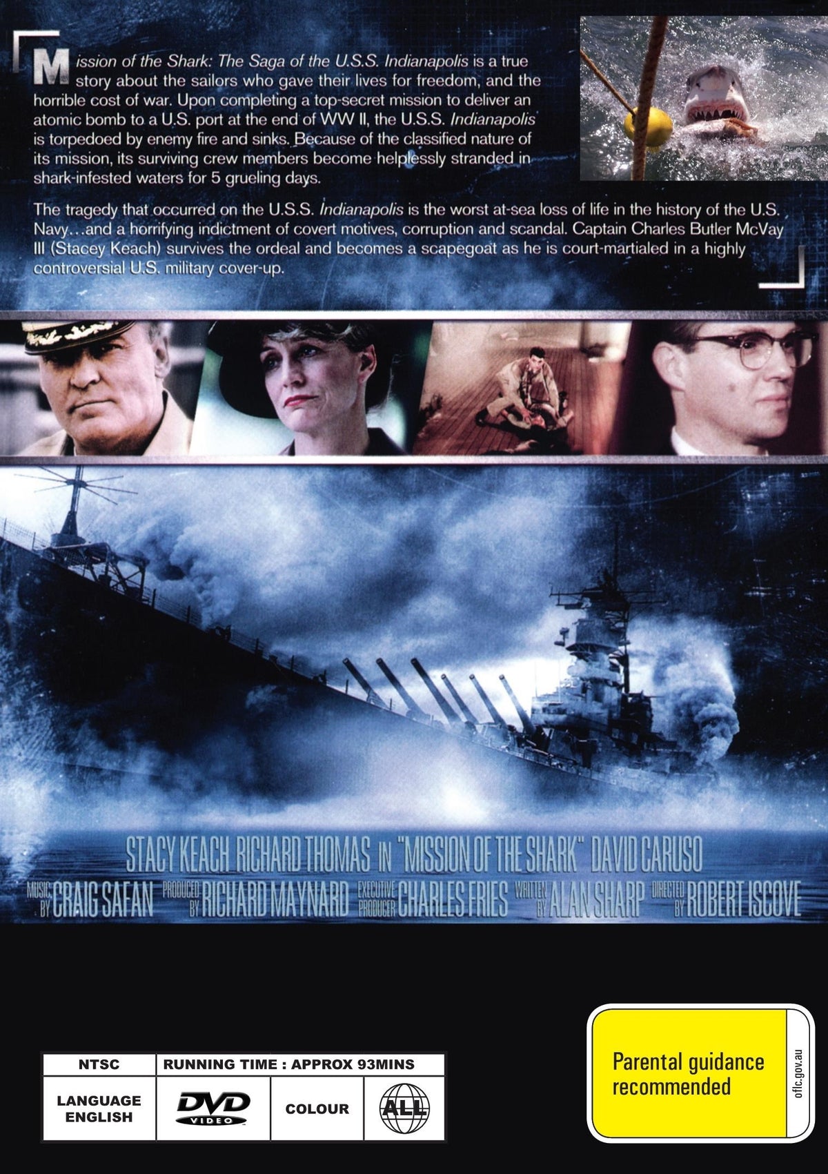 DVD cover of Mission of the Shark: The Saga of the U.S.S. Indianapolis featuring Stacy Keach and Richard Thomas in action.