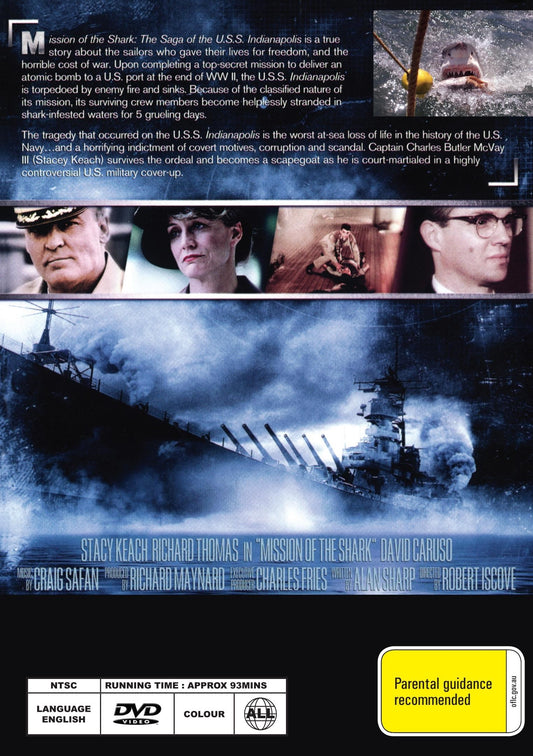 DVD cover of Mission of the Shark: The Saga of the U.S.S. Indianapolis featuring Stacy Keach and Richard Thomas in action.
