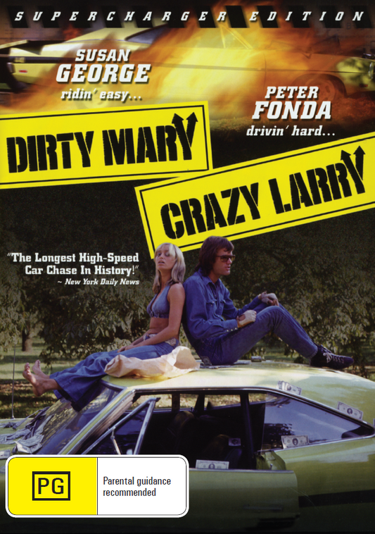 DVD of Dirty Mary Crazy Larry featuring Peter Fonda and Susan George with a car chase scene from the movie.