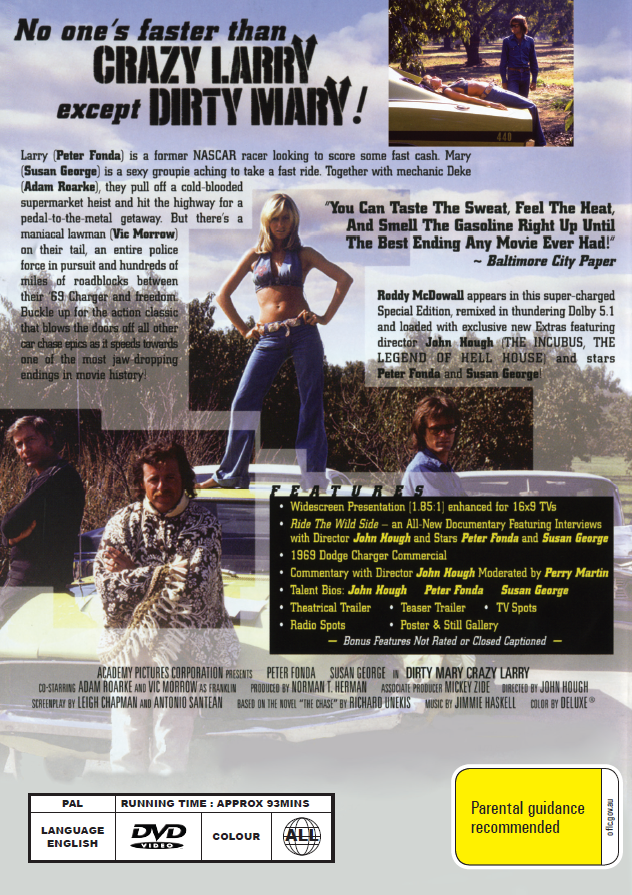 DVD of Dirty Mary Crazy Larry featuring Peter Fonda and Susan George, with a scene of a dramatic car chase.