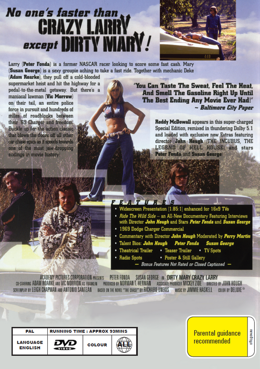 DVD of Dirty Mary Crazy Larry featuring Peter Fonda and Susan George, with a scene of a dramatic car chase.
