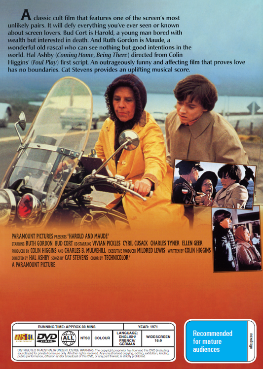 Harold and Maude DVD, comedy film featuring Ruth Gordon and Bud Cort, movie and DVD from rareandcollectibledvds.