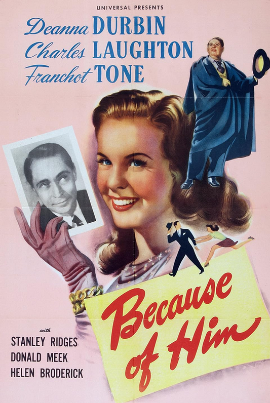 DVD of Because Of Him comedy movie featuring Deanna Durbin and Charles Laughton, from rareandcollectibledvds.