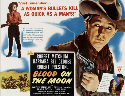 Blood On The Moon DVD drama featuring Robert Mitchum and Barbara Bel Geddes, vintage movie in a collectible DVD case.