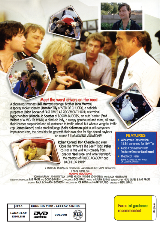 Moving Violations DVD comedy featuring John Murray and Jennifer Tilly, with case and cover art visible.