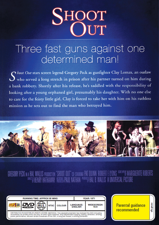 DVD cover of the drama "Shoot Out" featuring Gregory Peck and Patricia Quinn, from Rare and Collectible DVDs collection.