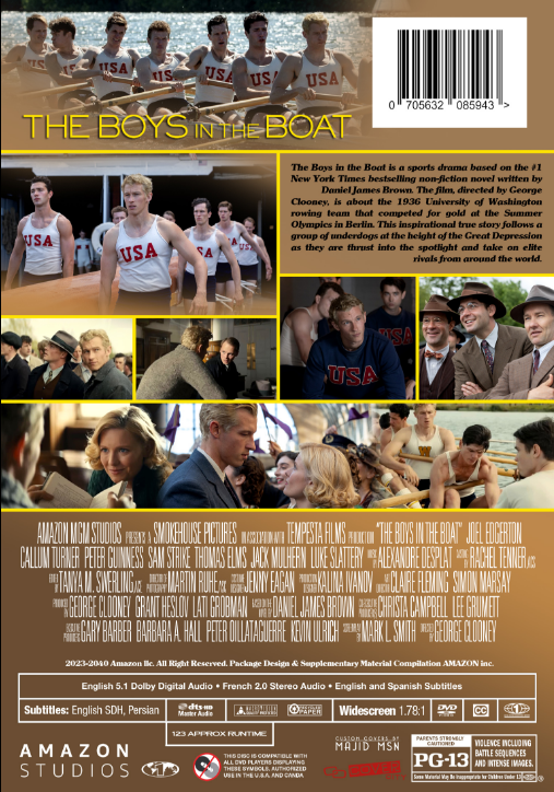 DVD cover of The Boys in the Boat, a biography movie featuring Joel Edgerton and Callum Turner, from Rare and Collectible DVDs.