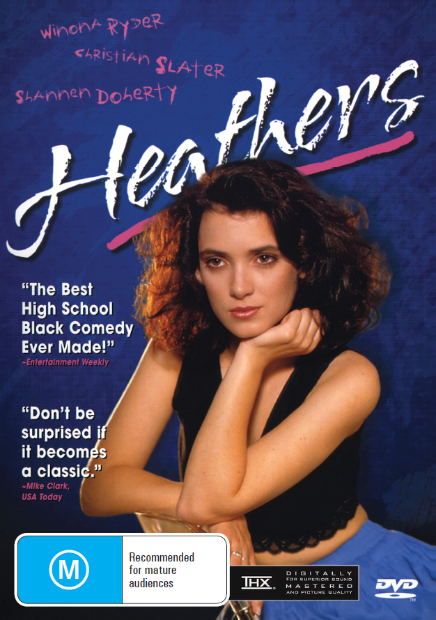 Heathers DVD comedy movie featuring Winona Ryder and Christian Slater, displayed in a clear case.