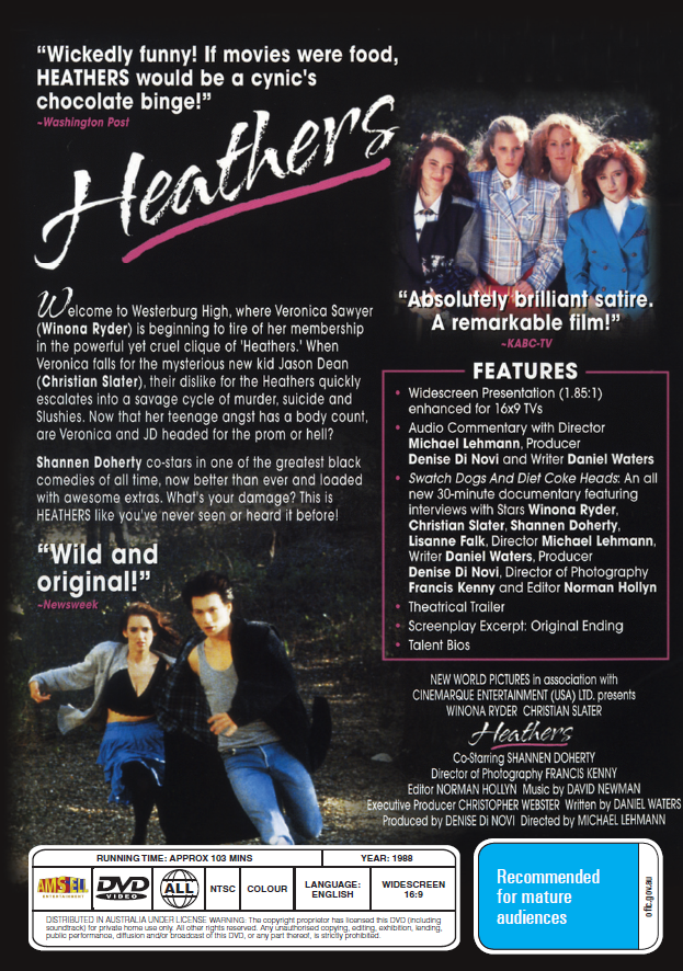 Heathers DVD comedy featuring Winona Ryder and Christian Slater, collectible movie from rareandcollectibledvds.