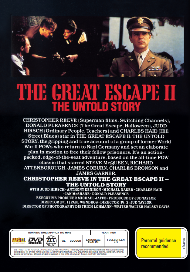 DVD cover of The Great Escape II with Christopher Reeve and Judd Hirsch, featuring action movie artwork.