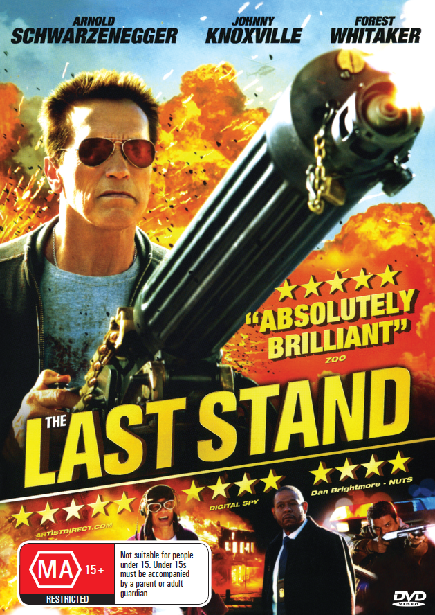 The Last Stand DVD featuring Arnold Schwarzenegger and Forest Whitaker, Western movie cover art with action scene and title.