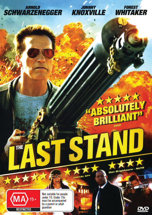 The Last Stand DVD featuring Arnold Schwarzenegger and Forest Whitaker, Western movie cover art with action scene and title.