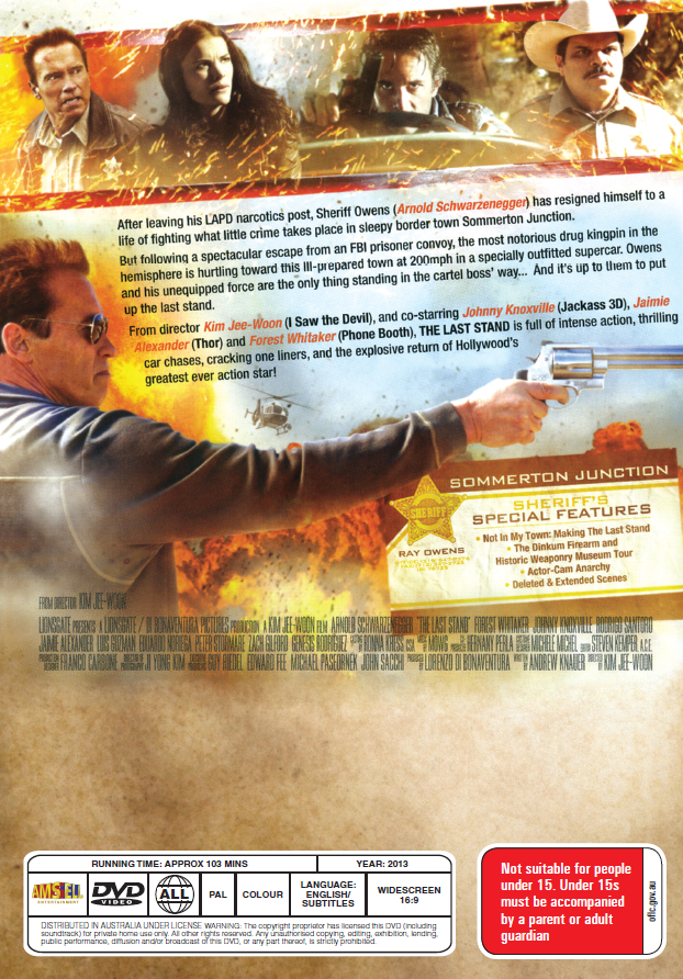 The Last Stand DVD featuring Arnold Schwarzenegger and Forest Whitaker, Western movie with action-packed scenes.