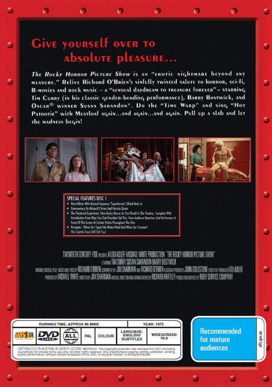 Screenshot from The Rocky Horror Picture Show DVD featuring Tim Curry and Susan Sarandon, a classic horror musical film.