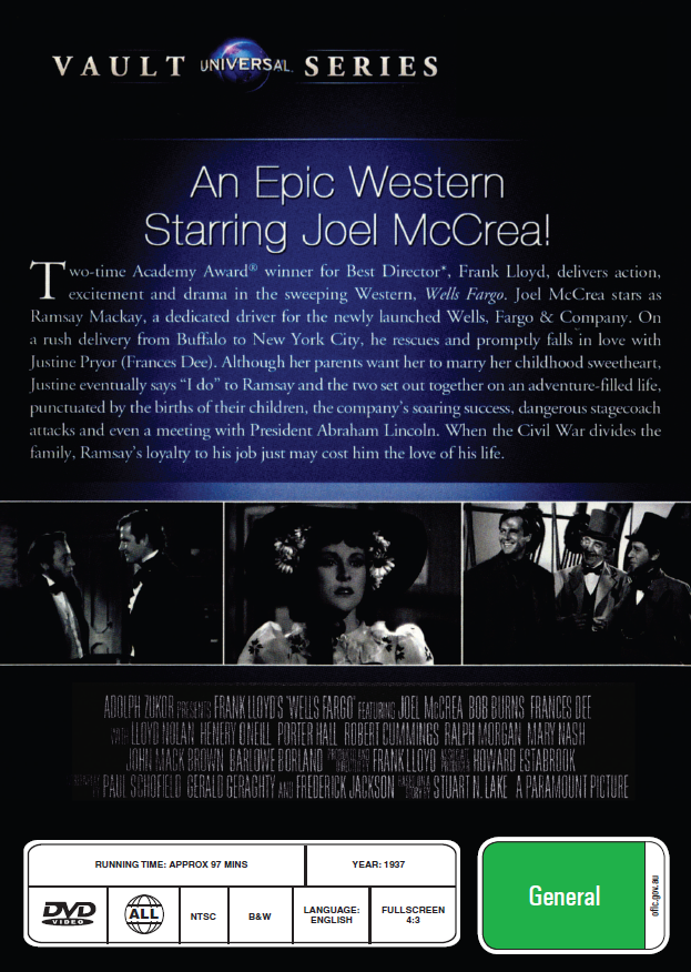 Wells Fargo DVD drama featuring Joel McCrae and Bob Burns, part of rareandcollectibledvds movies and DVDs collection.