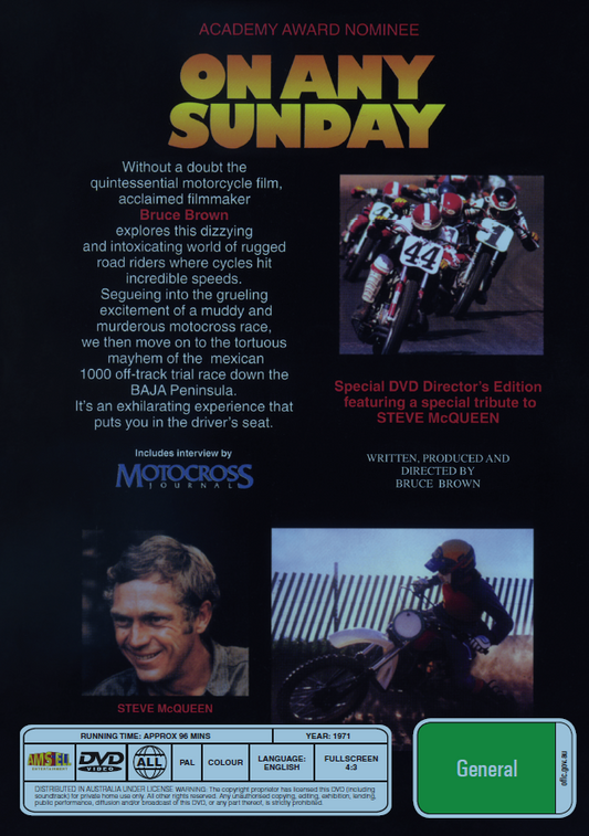 DVD of "On Any Sunday" sports movie featuring Steve McQueen and Dave Aldana, with cover art showing action scenes.