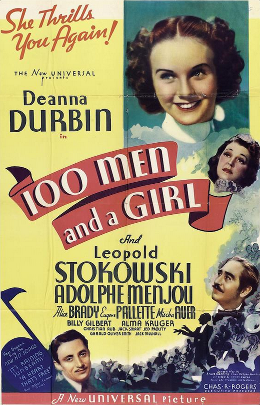 DVD cover for 100 Men and a Girl musical featuring Deanna Durbin and Adolphe Menjou, from the Movies and DVDs collection.