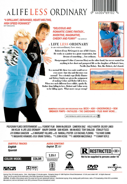 DVD cover of "A Life Less Ordinary" featuring Cameron Diaz and Ewan McGregor, in the crime genre, from Rare and Collectible DVDs.