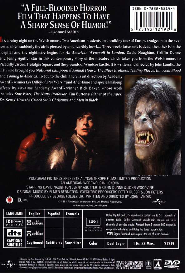 American Werewolf in London DVD featuring David Naughton and Jenny Agutter, horror movie cover art from RareandCollectibleDVDs