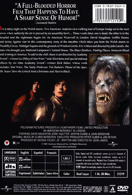 American Werewolf in London DVD featuring David Naughton and Jenny Agutter, horror movie with iconic werewolf transformation scene