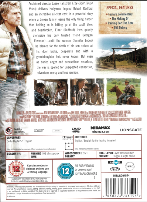 Unfinished Life DVD featuring Jennifer Lopez and Robert Redford, drama movie on a black DVD case with cover art.