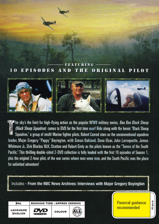 DVD of Baa Baa Black Sheep Vol 1 featuring action scenes with Robert Conrad and Simon Oakland, displayed in a standard DVD case.